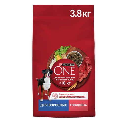 Корм сухой для взрослых собак PURINA ONE для средних и крупных пород, с высоким содержанием говядины и с рисом, 3,8кг, фотография