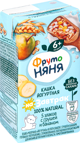 Кашка мультизлаковая ФРУТОНЯНЯ молочная йогуртная, с грушей, бананом и пребиотиками, с 6 месяцев, 200мл, картинка