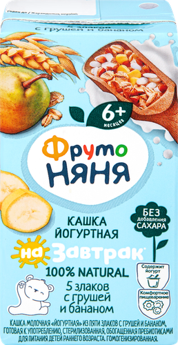 Кашка мультизлаковая ФРУТОНЯНЯ молочная йогуртная, с грушей, бананом и пребиотиками, с 6 месяцев, 200мл, картинка
