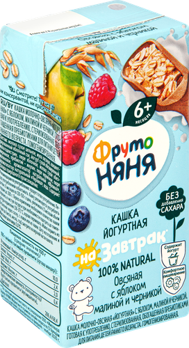 Кашка овсяная ФРУТОНЯНЯ молочная йогуртная, с яблоком, малиной, черникой и пребиотиками, с 6 месяцев, 200мл, фотография