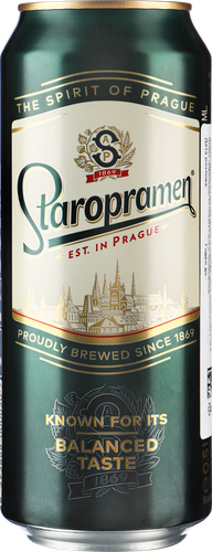 Пиво светлое STAROPRAMEN Premium фильтрованное пастеризованное 5%, 0.5л, крупный план