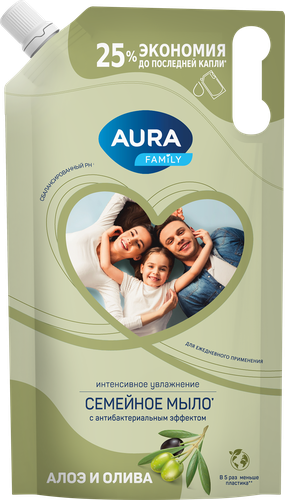 Мыло жидкое AURA Family Олива и сок алоэ, с антибактериальным эффектом, 1000мл, картинка