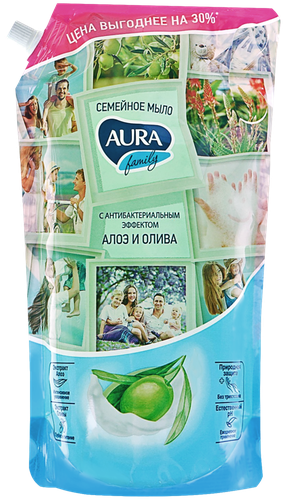 Мыло жидкое AURA Family Олива и сок алоэ, с антибактериальным эффектом, 1000мл, фото