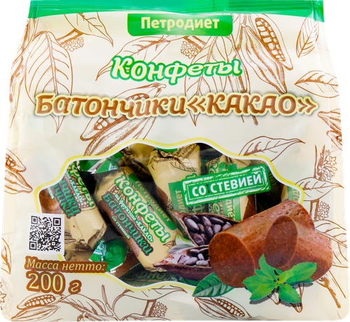 Конфеты ЗДОРОВЫЕ СЛАДОСТИ батончики Какао со стевией, 200г, картинка
