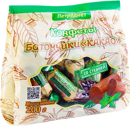Конфеты ЗДОРОВЫЕ СЛАДОСТИ батончики Какао со стевией, 200г, крупный план