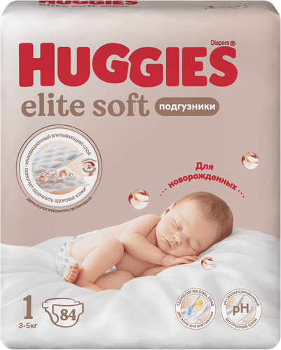 Подгузники HUGGIES Elite Soft 1 3–5кг, 84шт, картинка