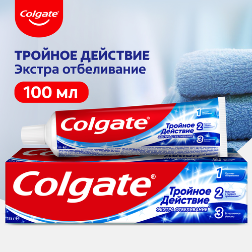 Зубная паста COLGATE Тройное действие Экстра отбеливание для восстановления естественной белизны зубов с первого применения, 100мл, крупный план