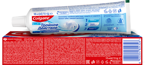 Зубная паста COLGATE Тройное действие Экстра отбеливание для восстановления естественной белизны зубов с первого применения, 100мл, крупный план