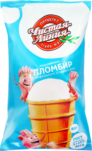 Мороженое ЧИСТАЯ ЛИНИЯ Пломбир ванильный 12%, без змж, вафельный стаканчик, 80г, крупный план