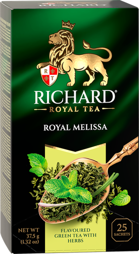 Чай зеленый RICHARD Royal Melissa с мятой и цедрой, 25пак, крупный план