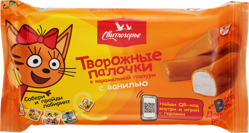 Палочки творожные глазированные СВИТЛОГОРЬЕ Три кота с ванилью в карамельной глазури 16%, без змж, палочки, 180г, вид