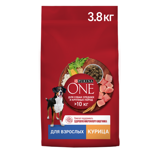 Корм сухой для взрослых собак PURINA ONE для средних и крупных пород, с высоким содержанием курицы и с рисом, 3,8кг, крупный план