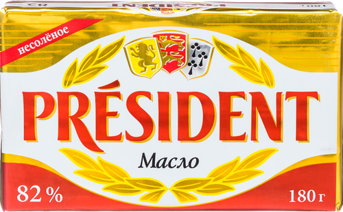 Масло кислосливочное PRESIDENT несоленое 82%, без змж, 180г, фотография