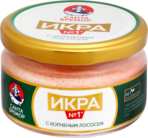 Икра мойвы САНТА БРЕМОР Икра №1, деликатесная с копченым лососем, 180г, детальное фото
