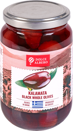 Маслины с косточкой DOLCE ALBERO сорт Каламата, 350г, крупный план