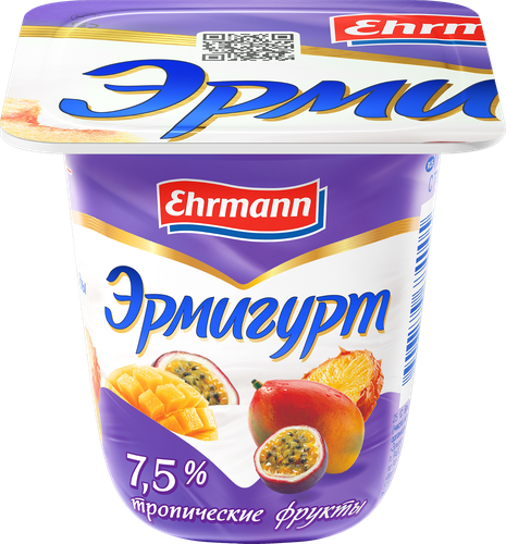 Продукт йогуртный EHRMANN Эрмигурт Экстра Сливочный с тропическими фруктами 7,5%, без змж, 100г, крупный план