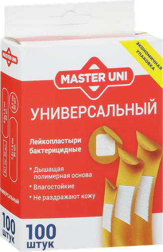 Лейкопластырь бактерицидный MASTER UNI Универсальный 7,2х1,9см, 100шт, фото