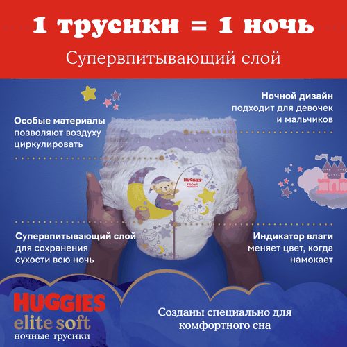 Подгузники-трусики HUGGIES Elite Soft 6 ночные 15–25кг, 16шт, изображение