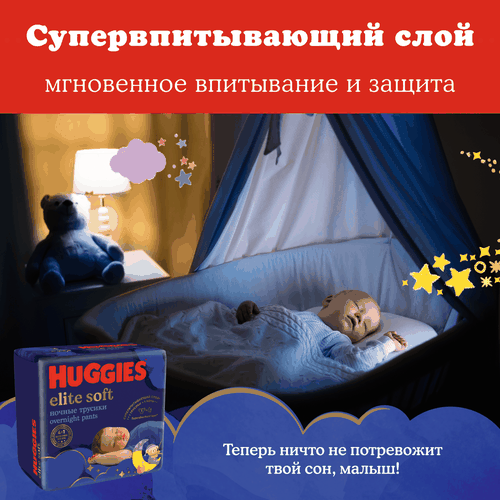 Подгузники-трусики HUGGIES Elite Soft 6 ночные 15–25кг, 16шт, фотография