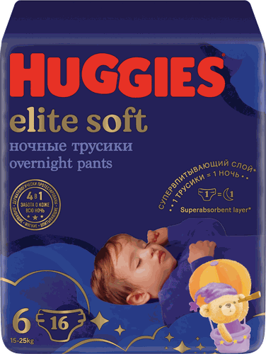 Подгузники-трусики HUGGIES Elite Soft 6 ночные 15–25кг, 16шт, изображение