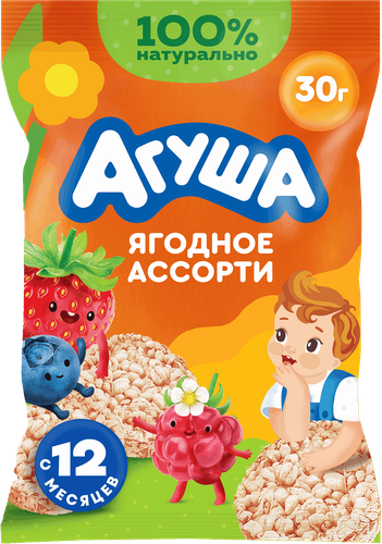 Хлебцы рисовые детские АГУША Полезный перекус Ягодное ассорти, с 12 месяцев, 30г, крупный план