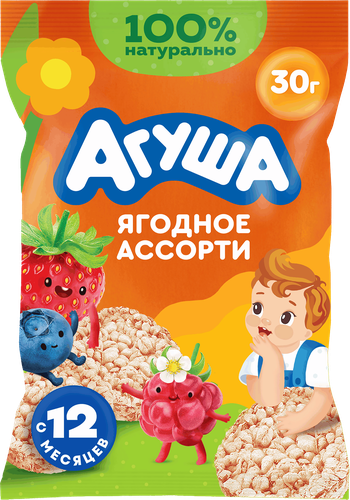 Хлебцы рисовые детские АГУША Полезный перекус Ягодное ассорти, с 12 месяцев, 30г, крупный план