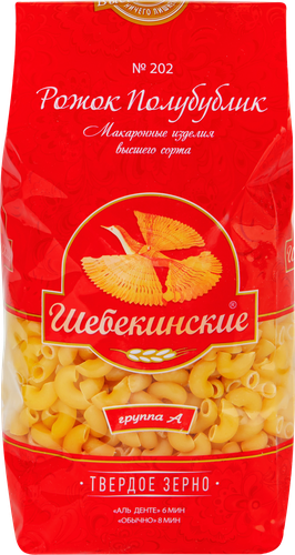 Макароны ШЕБЕКИНСКИЕ Рожок полубублик группа, А высший сорт, 450г, крупный план