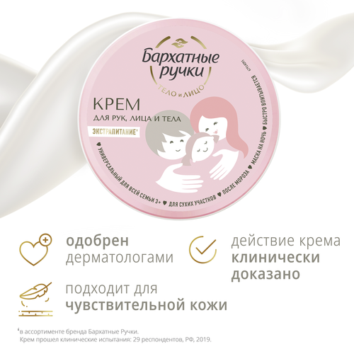 Крем для рук БАРХАТНЫЕ РУЧКИ Для всей семьи Универсальный, 150мл, крупный план