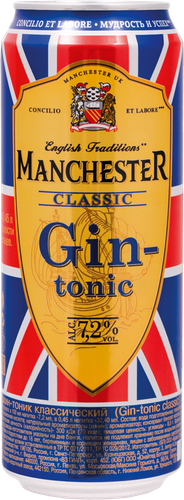 Напиток слабоалкогольный MANCHESTER Джин-тоник классический, 7,2%, ж/б, 0.45л, фотография