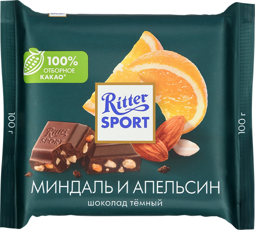 Шоколад темный RITTER SPORT с дробленным миндалем и кусочками апельсиновой цедры, 100г, фото