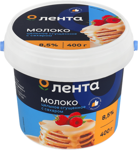 Молоко сгущенное ЛЕНТА цельное с сахаром 8,5% без змж, 400г, картинка