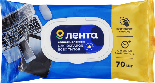 Салфетки влажные ЛЕНТА для экранов всех типов, 70шт, крупный план