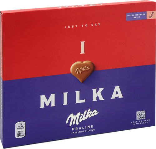 Конфеты MILKA I Love Milka Hazelnut с ореховой начинкой, 110г, крупный план
