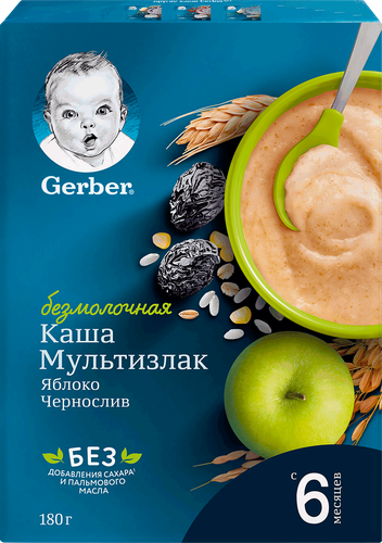 Каша мультизлаковая GERBER безмолочная, с яблоком и черносливом, с 6 месяцев, 180г, детальное фото