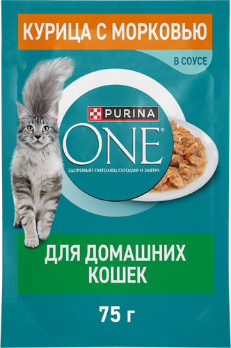 Корм влажный для взрослых кошек PURINA ONE для домашних, с курицей и морковью, 75г, фото