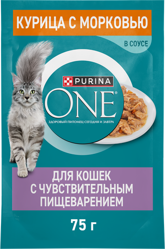 Корм влажный для взрослых кошек PURINA ONE Чувствительное пищеварение Курица и морковь, 75г, крупный план