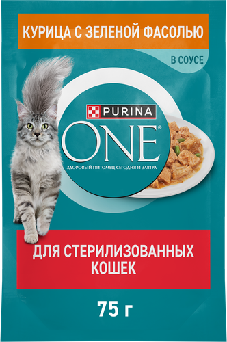 Корм влажный для взрослых кошек PURINA ONE Курица и зеленая фасоль, для стерилизованных, 75г, изображение