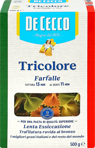 Макароны DE CECCO Farfalle Tricolore из твердых сортов пшеницы, 500г, вид