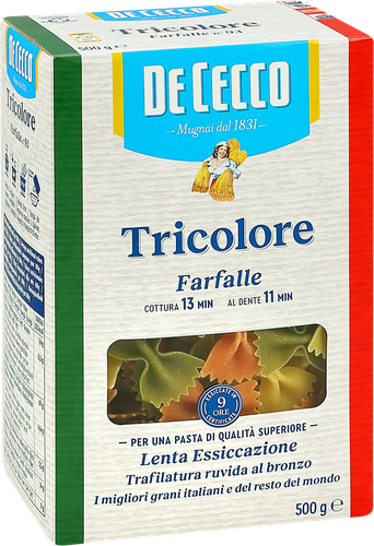 Макароны DE CECCO Farfalle Tricolore из твердых сортов пшеницы, 500г, детальное фото
