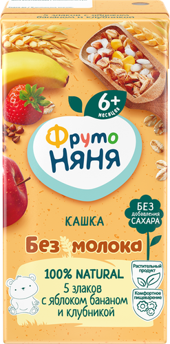 Кашка мультизлаковая ФРУТОНЯНЯ безмолочная, с яблоком, бананом, клубникой и пребиотиками, с 6 месяцев, 200мл, вид