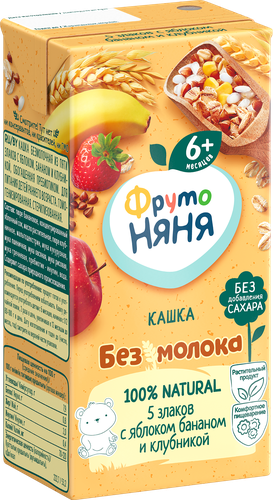 Кашка мультизлаковая ФРУТОНЯНЯ безмолочная, с яблоком, бананом, клубникой и пребиотиками, с 6 месяцев, 200мл, фотография