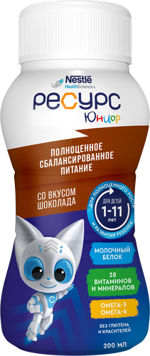 Смесь NESTLE HEALTH SCIENCE Ресурс Юниор специализированная диетическая  профилактическая со вкусом шоколада, с 1 года до 11 лет, 200г, картинка