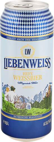 Пиво светлое LIEBENWEISS Hefe-Weissbier пшеничное нефильтрованное пастеризованное неосветленное, 5,1%, ж/б, 0.5л, фото
