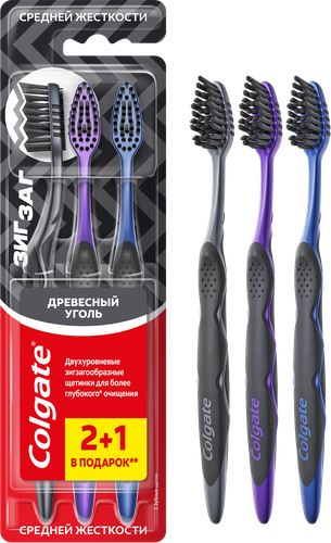 Зубная щетка COLGATE Зиг Заг Древесный уголь, средней жесткости, 2+1, 3шт, детальное фото
