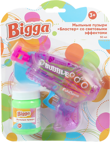 Игрушка BIGGA Пистолет для запуска мыльных пузырей, со световыми 
эффектами, 40мл, вид