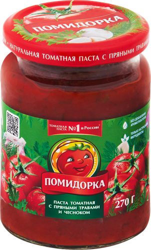 Паста томатная ПОМИДОРКА с пряными травами и чесноком, 250мл, крупный план