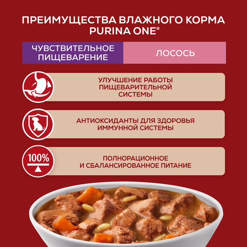 Корм влажный для взрослых собак PURINA ONE Мини для мелких и карликовых пород с чувствительным пищеварением, с лососем, рисом и морковью в подливе, 85г, фото