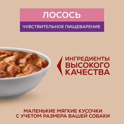 Корм влажный для взрослых собак PURINA ONE Мини для мелких и карликовых пород с чувствительным пищеварением, с лососем, рисом и морковью в подливе, 85г, фотография