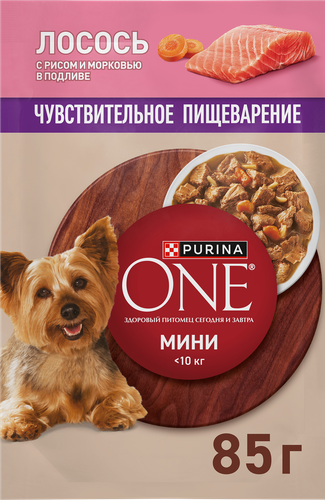 Корм влажный для взрослых собак PURINA ONE Мини для мелких и карликовых пород с чувствительным пищеварением, с лососем, рисом и морковью в подливе, 85г, изображение