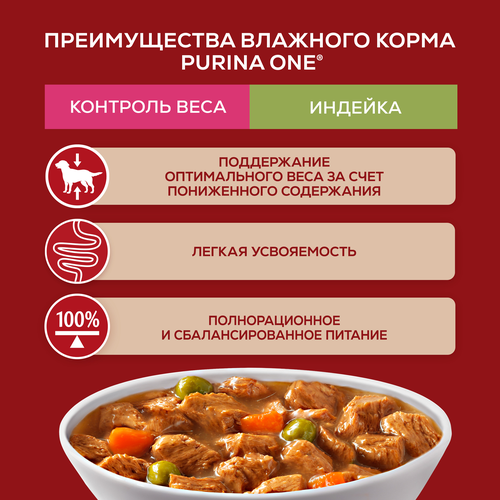 Корм влажный для взрослых собак PURINA ONE Мини Контроль веса мелких&nbsp;и карликовых пород с низкой физической активностью или стерилизованных,&nbsp;с индейкой, морковью и&nbsp;горошком в подливе, 85г, крупный план